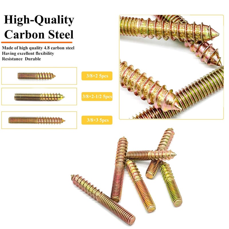 Matrelt 15 Pack 3/8-16" Hanger Bolts 3Sizes 2-3 Inch Double Headed Bolts Wood Dowel Screw Self-Tapping Screw Hanger Bolts for Wood Furniture Double Threaded Rods Bolt - Image 3